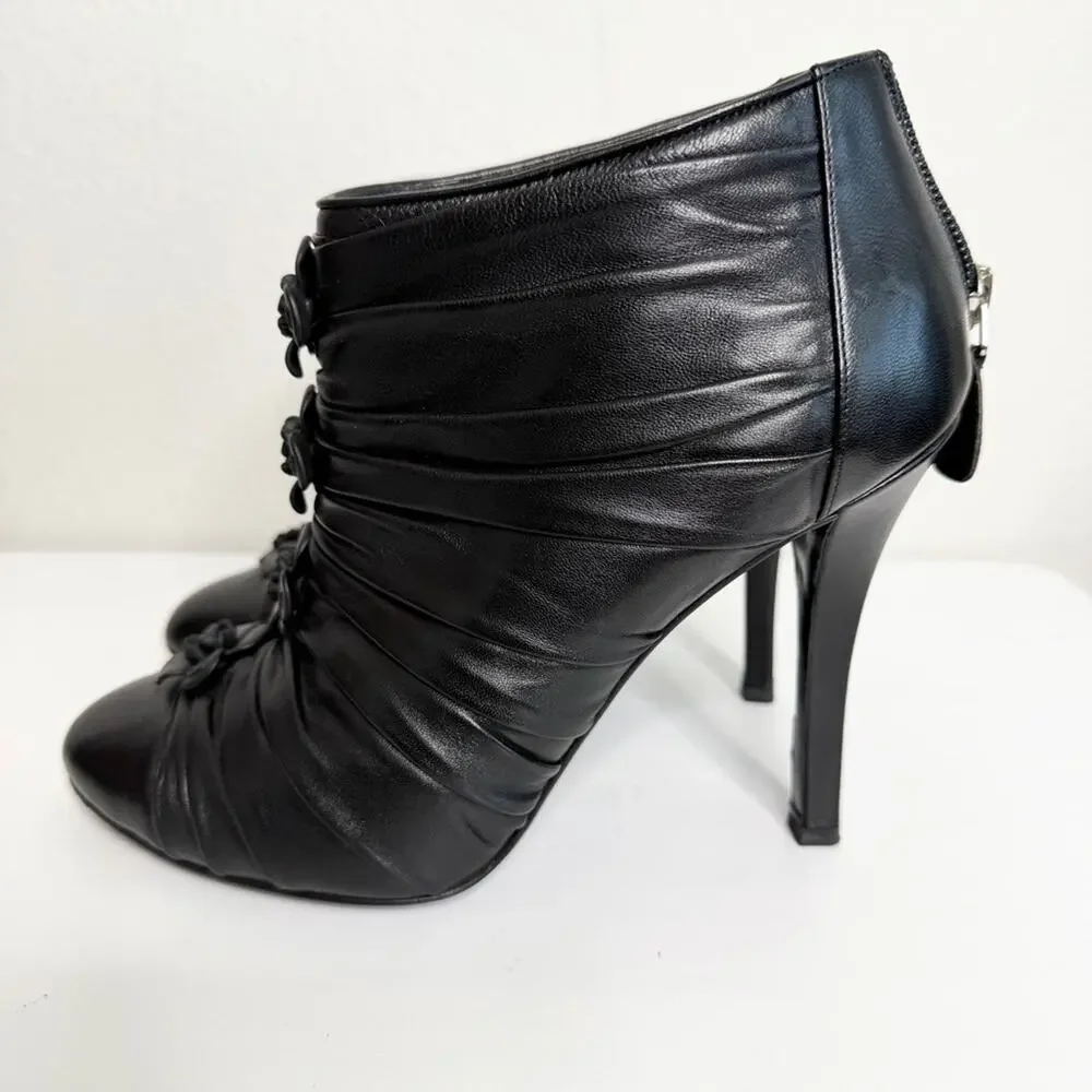CHANEL Black Ankle Booties Cap Toe Size 37.5 Camellia Flower